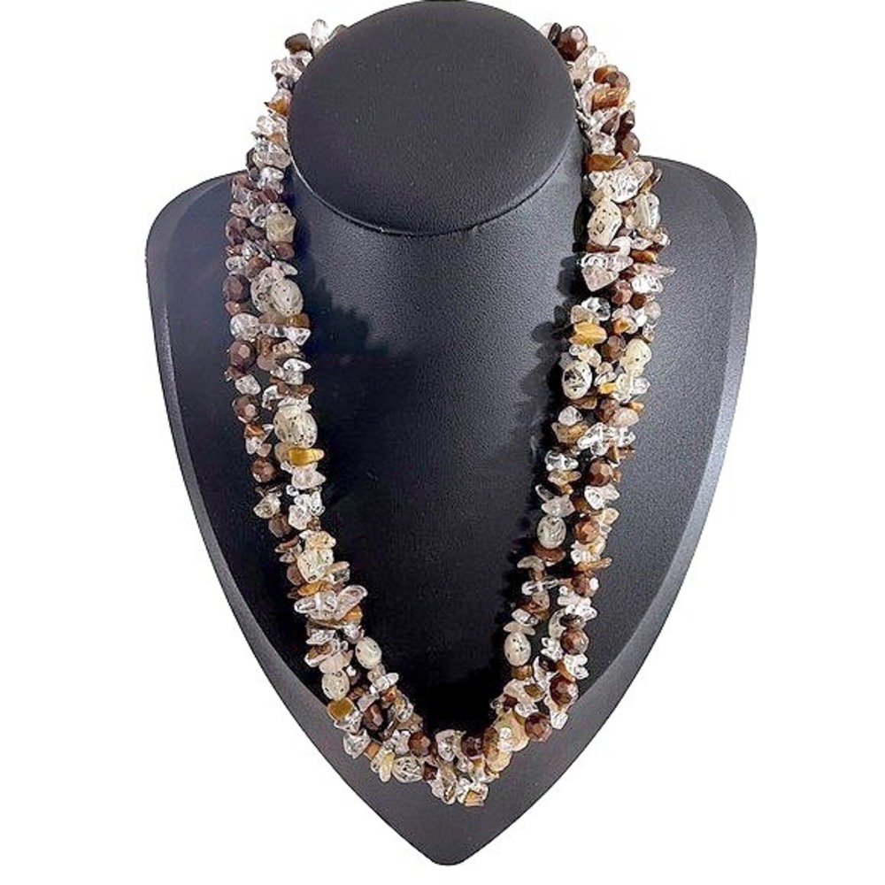 Multistrand Stone Necklace Brown Tan Clear Three Row Beaded 19 to 23 in Adjust